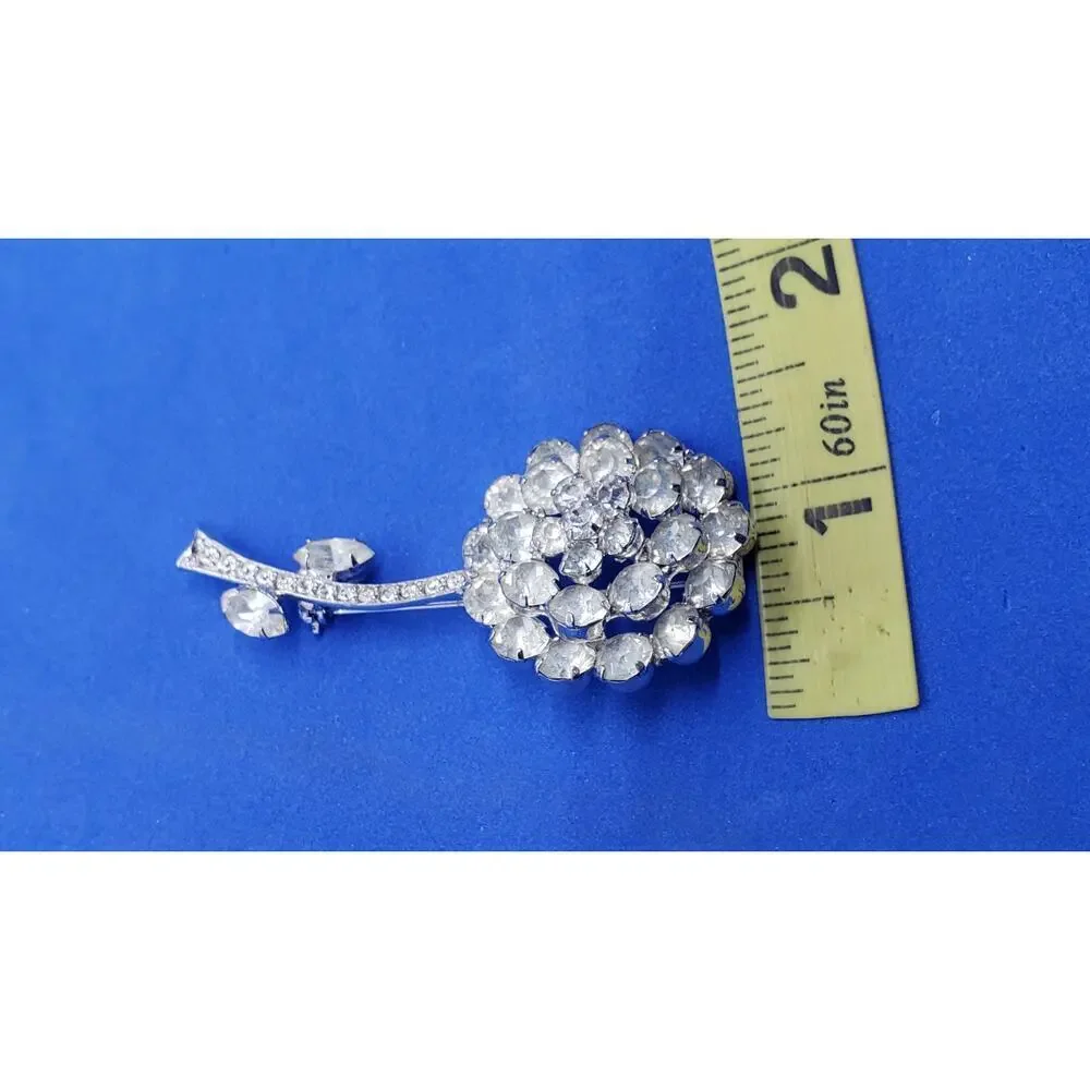 Vintage Signed Weiss Brooch Clear Rhinestone Flower Rose Long Stem Leaves